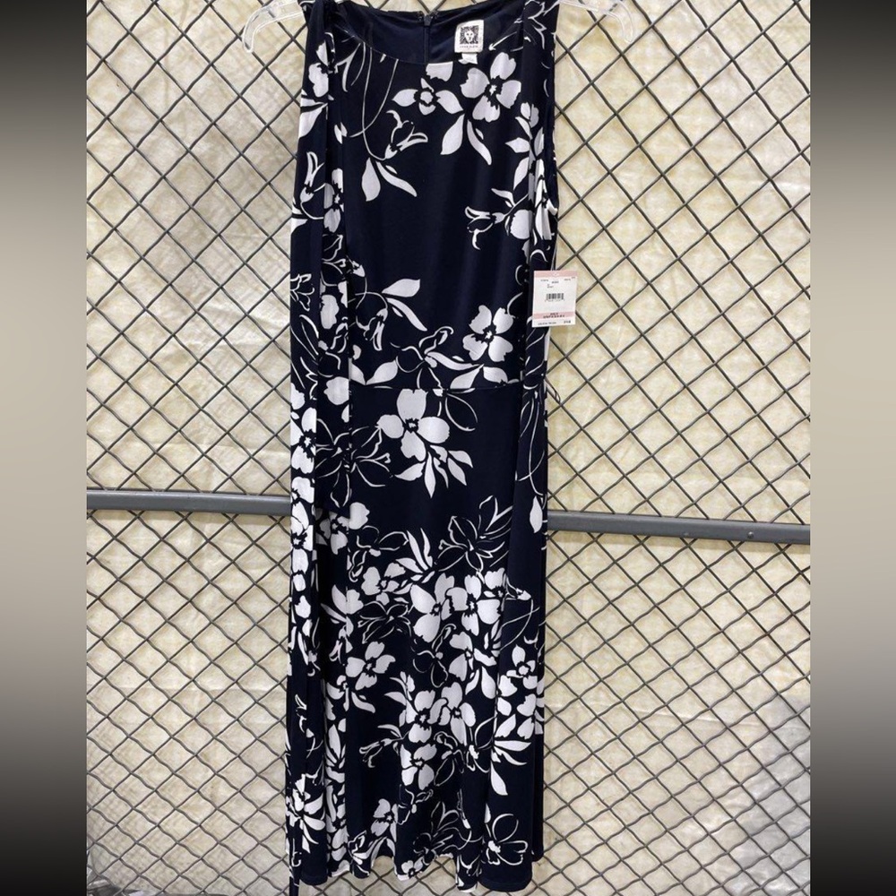 NWT Anne Klein Navy and White Floral Sleeveless Dress w/Tie Size 10 - Picture 1 of 5